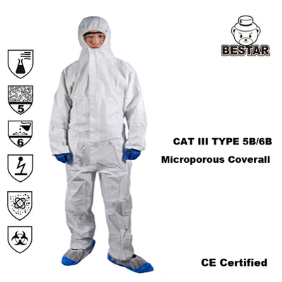 CAT III EN14126 TYPE 5B / 6B المعطف غشاء أبيض صغير يسهل اختراقه للطب والمستشفى