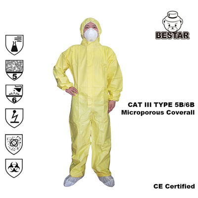 Cat III Type 5B / 6B المعاطف الطبية التي يمكن التخلص منها بدلة واقية كيميائية للمستشفى